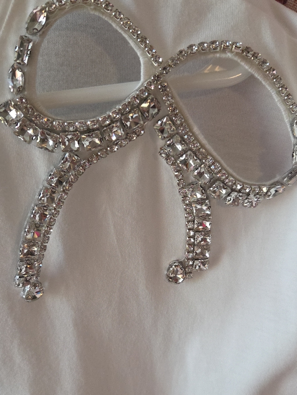 White Short Sleeve Tee with Lace Hem and Rhinestone Bow Accent - Picture 8 of 10